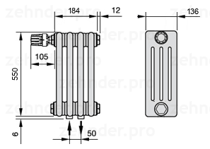 Схема (чертеж) Радиатор Zehnder Charleston 4055/4 №V007 Белый глянцевый RAL 9016